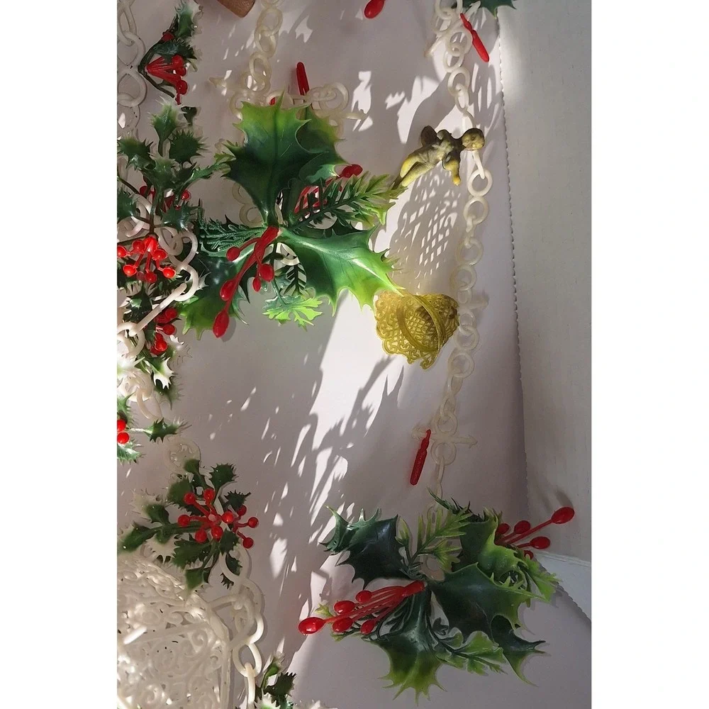 VTG MCM plastic Christmas garland houses holly snowman bell angel kitschy